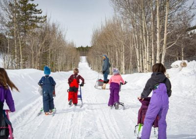 Photo of kids on kicksleds in winter.