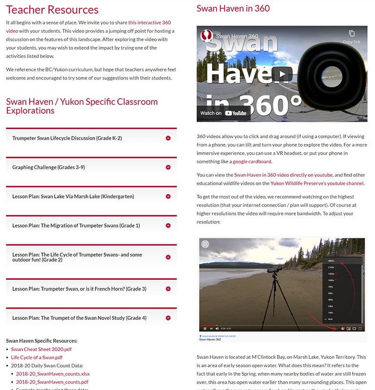 Screenshot of YWP's Swan Haven webpage