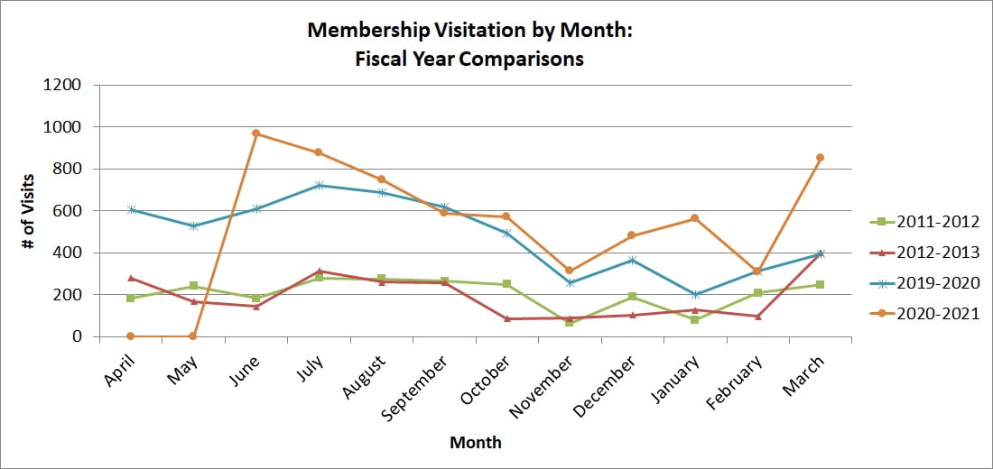 Line chart showing member visitation by month.