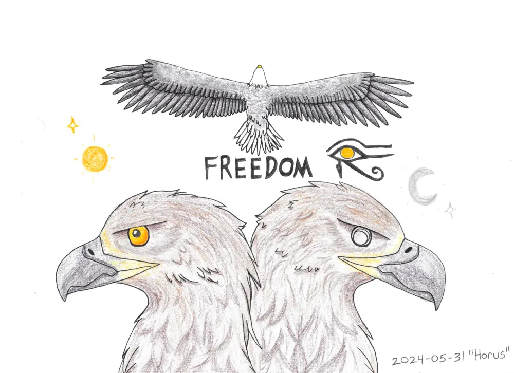 "Horus, in ancient Egyptian religion, a god in the form of a falcon whose right eye was the sun or morning star, representing power and quintessence, and whose left eye was the moon or evening star, representing healing."<br />
The old crow bald eagle was given and unofficial name by a visitor, Jasmine Colomby who also drew and shared this interpretation. 