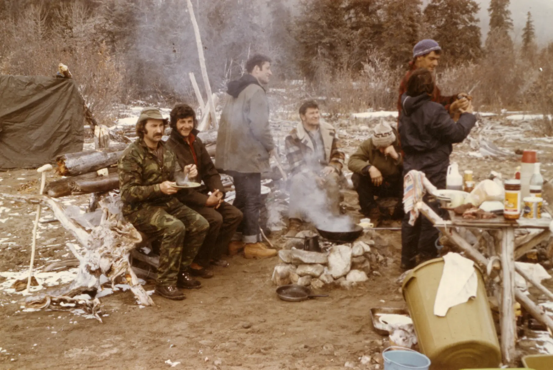 sheep camp for sheep capture - from left to right: Unknown, Teddy Yardley, Herb Zollweg, Unknown, Unknown, Danny Nowland and Erika Nowlan